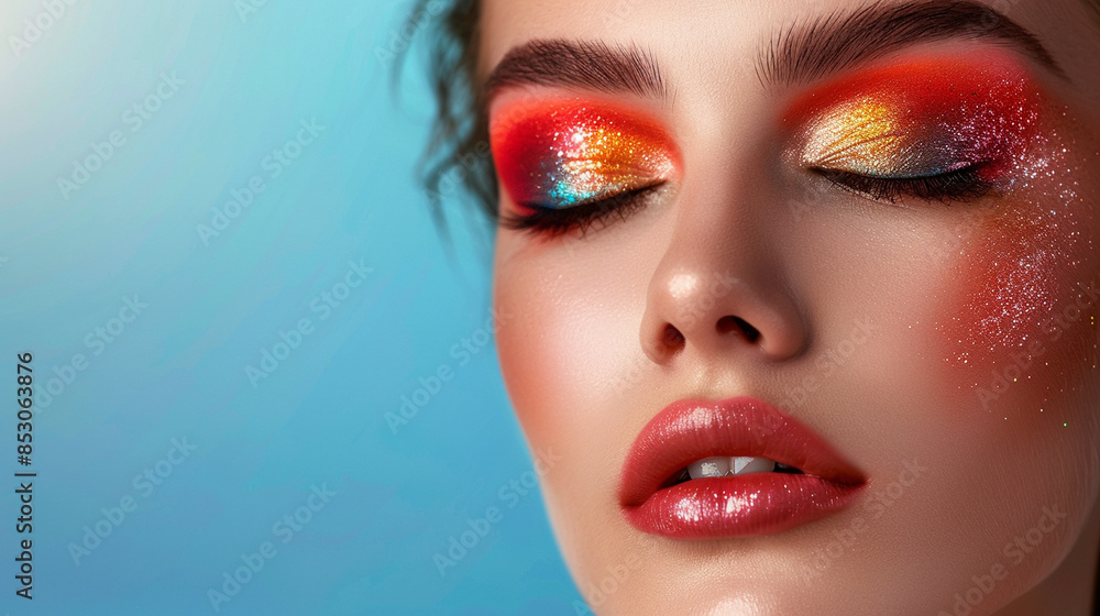 A Close-Up Portrait of a Woman With Sparkly Eye Makeup Against a Blue Background A Close-Up Portrait of a Woman With Sparkly Eye Makeup Against a Blue Background