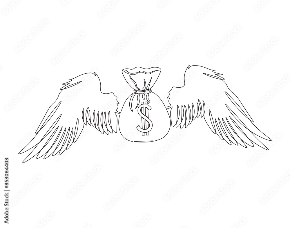 Obraz premium Continuous one line drawing of winged money bag flying. One line drawing illustration of winged money bag. Business, International business day concept single line. Editable outline.