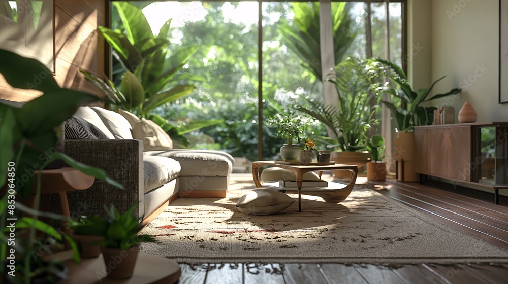 Modern living room with large windows, tropical plants, stylish furniture, and natural light creating a serene, relaxing atmosphere. Modern living room with large windows, tropical plants, stylish furniture, and natural light creating a serene, relaxing atmosphere.