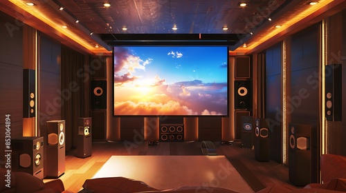 luxury multimedia room with a retractable ultra HD screen that descends from the ceiling photo