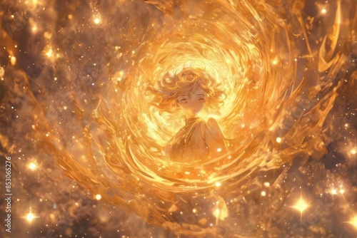 Captivating anime-style illustration of a character surrounded by a swirling vortex of golden light photo