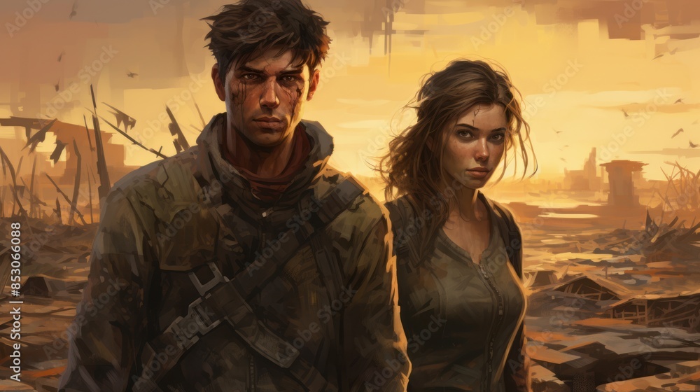 A man and a woman stand on a deserted wasteland. They both have dirty faces. In the background are ruins of buildings and a sky filled with birds. The entire scene has warm sepia tones.
