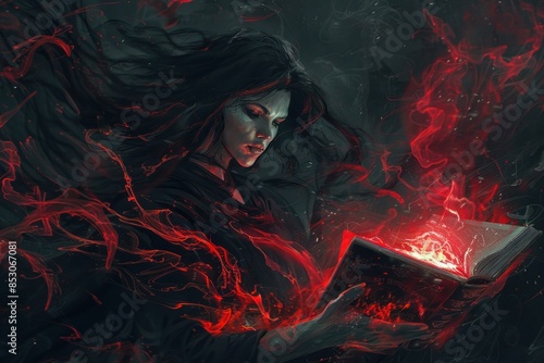 A witch woman with dark hair and pale skin reads a book glowing with red magic. It is surrounded by clouds of red smoke or fire. photo