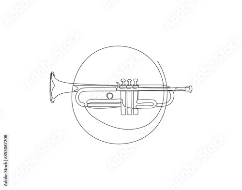 Continuous one line drawing of trumpet. One line drawing illustration of trumpet. Musical instrument concept singe line. Editable outline.