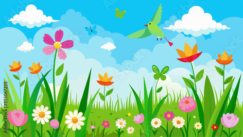 Wallpaper Mural spring-green-grass--flowers--flying-birds--blue-sk Torontodigital.ca