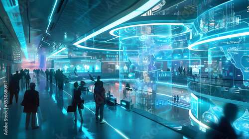 A futuristic marketplace with interactive holograms.