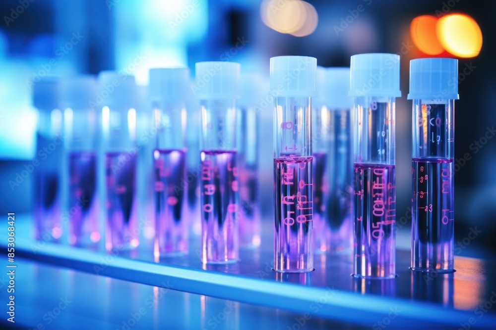 A row of test tubes with purple liquid in them. A row of test tubes with purple liquid in them.