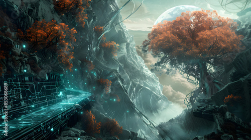 A surreal scene where nature and technology merge.


