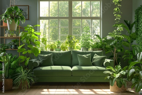 Interior of living room with green houseplants and sofa, Transform Your Living Room, Stylish Sofa and Green Houseplants Interior Ideas, Create a Botanical Haven, Green Houseplants and Sofa Decor Tips 