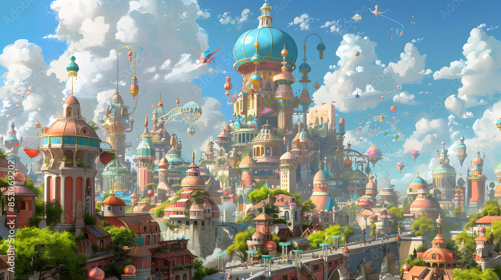 Fototapeta premium A whimsical cityscape with fantastical architecture.