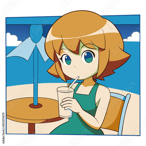 anime girl with short pink hair, wearing a summer dress, enjoying a glass of milk at a beachside cafe
