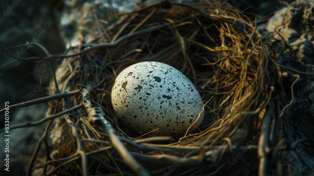 Speckled egg in nest of twigs and branches Speckled egg in nest of twigs and branches
