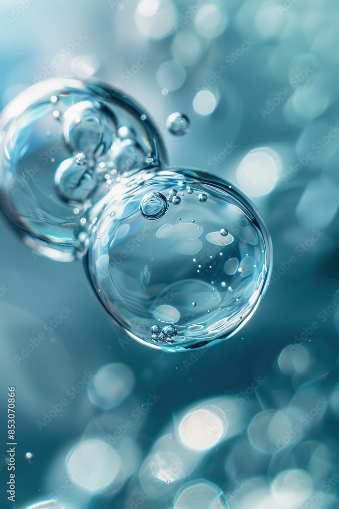 Close-up of translucent bubbles with light reflections on a soft blue background Close-up of translucent bubbles with light reflections on a soft blue background