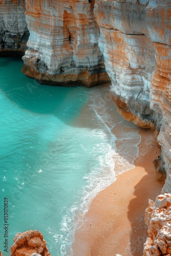 Cliffside Beach with Caves: A stunning view of a beach nestled below dramatic cliffs, with sea caves visible along the waterline and turquoise waves gently rolling in.
