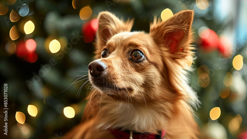 Cute dog looking at Christmas tree decorations, AI Generative.