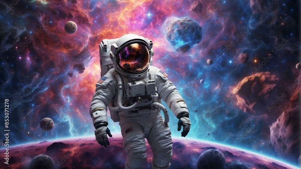 Fototapeta premium An astronaut in a spacesuit with a helmet on is exploring a colorful nebula. AI.