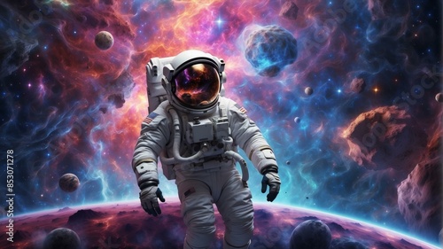 An astronaut in a spacesuit with a helmet on is exploring a colorful nebula. AI.