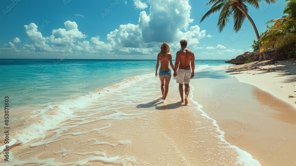 Obraz premium Young couple on white beach during summer vacation. 