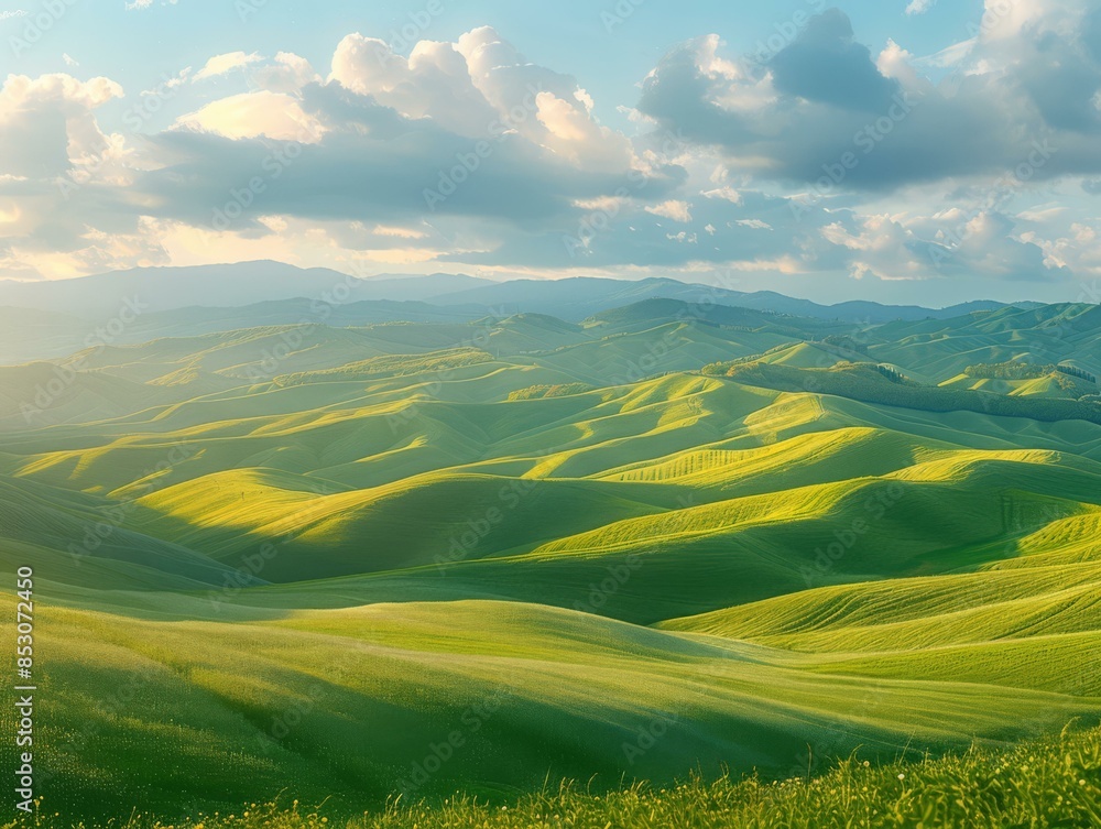 Fototapeta premium Beautiful green rolling hills under a blue sky with white clouds. AI.