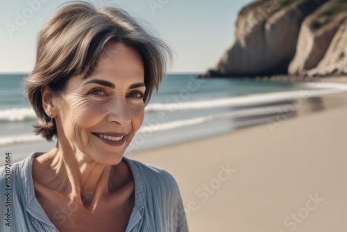 Obraz na płótnie Portrait of a happy woman of 50 years of Italian nationality on the seashore. An attractive, healthy older Hispanic woman who is leading an active retired life. w salonie