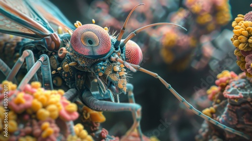 Close-up of a colorful insect with large eyes and antennae. AI.