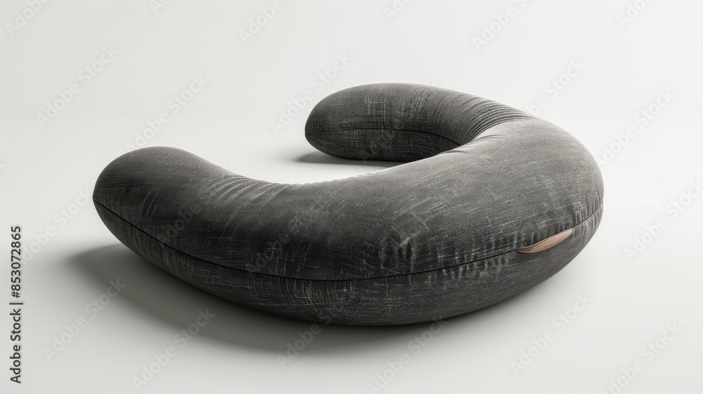 Tilted angle view of a sleek travel pillow, modern ergonomic design, charcoal grey color, minimalist aesthetic, high-definition CGI, gentle shadows and highlights Tilted angle view of a sleek travel pillow, modern ergonomic design, charcoal grey color, minimalist aesthetic, high-definition CGI, gentle shadows and highlights