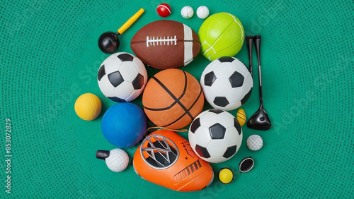 Sports equipment background. Sport concept with balls and gaming items. Balls for football, basketball, volleyball, rugby, soccer, tennis, golf. Athletic icons. Fitness equipment in round composition