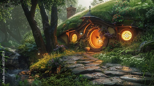 Charming Hobbit House Nestled in Enchanted Forest photo