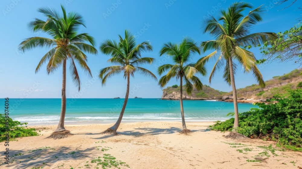 Fototapeta premium Palm Trees on a Tropical Beach: A picturesque view of tall palm trees swaying over a pristine, sandy beach with clear blue water in the background. 