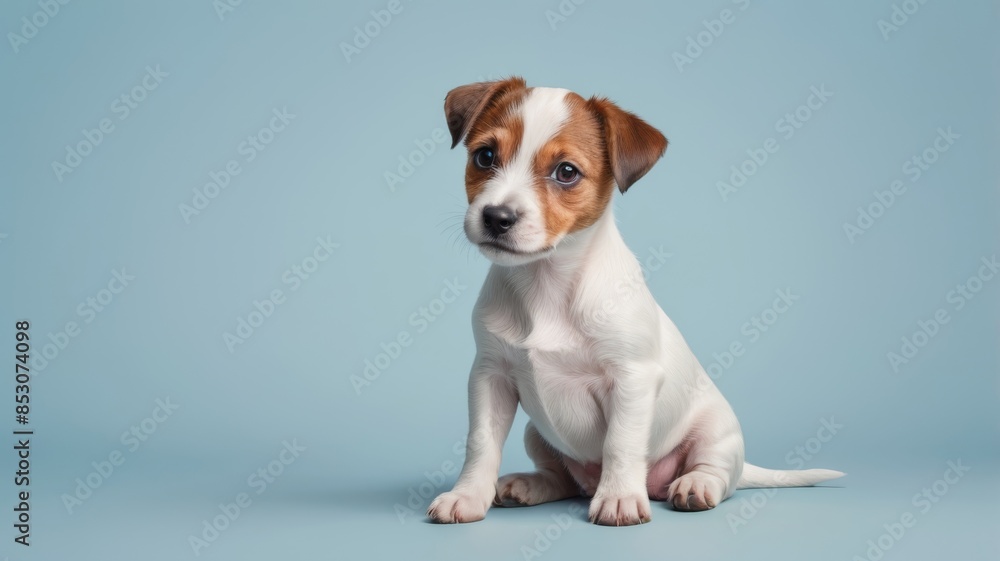 Funny Jack Russell puppy on a blue background