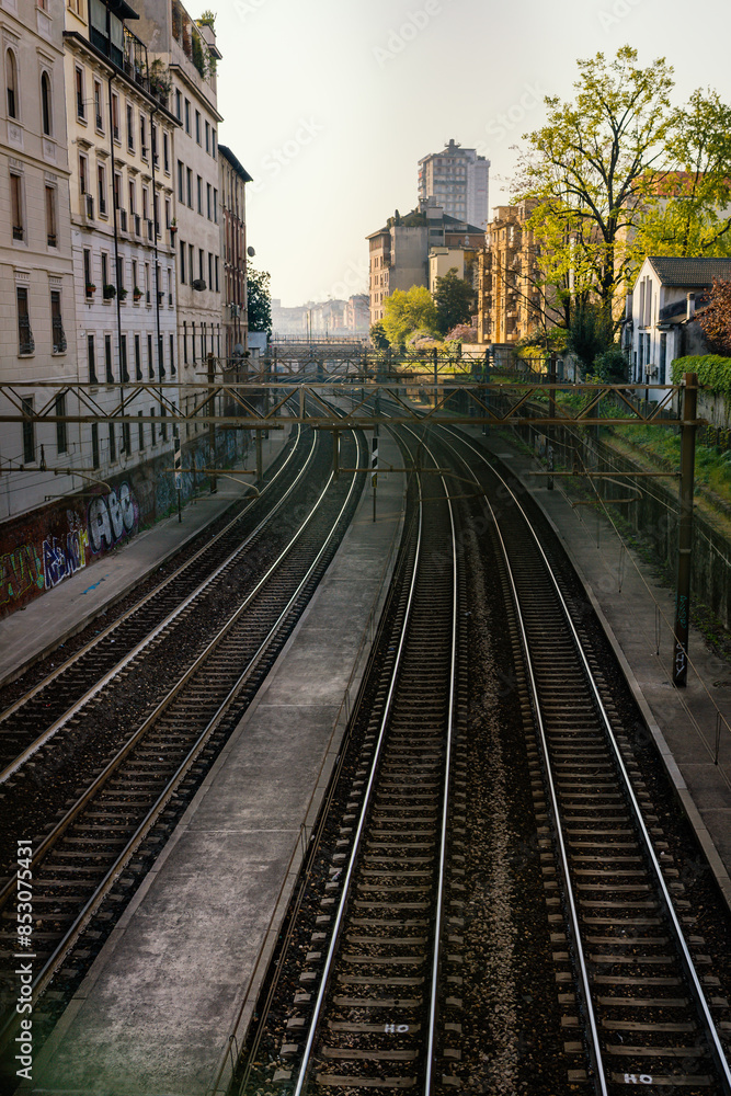 Fototapeta premium Railway tracks running through a populated city