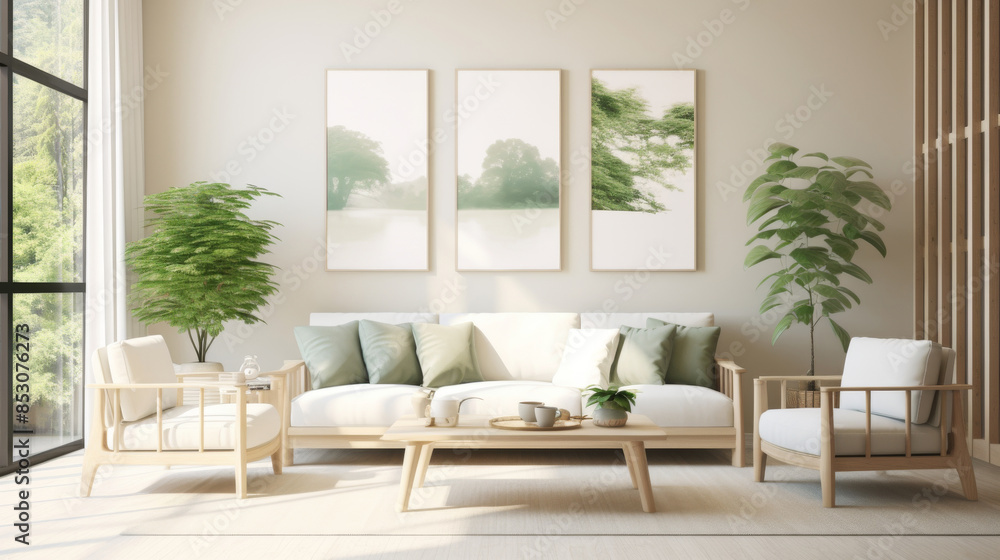 Modern minimal style living room in white and green colors Modern minimal style living room in white and green colors