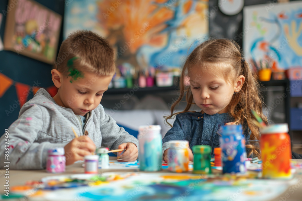 Fototapeta premium Two young children engaging in a colorful painting activity at a classroom or art studio, showcasing creativity and collaboration.
