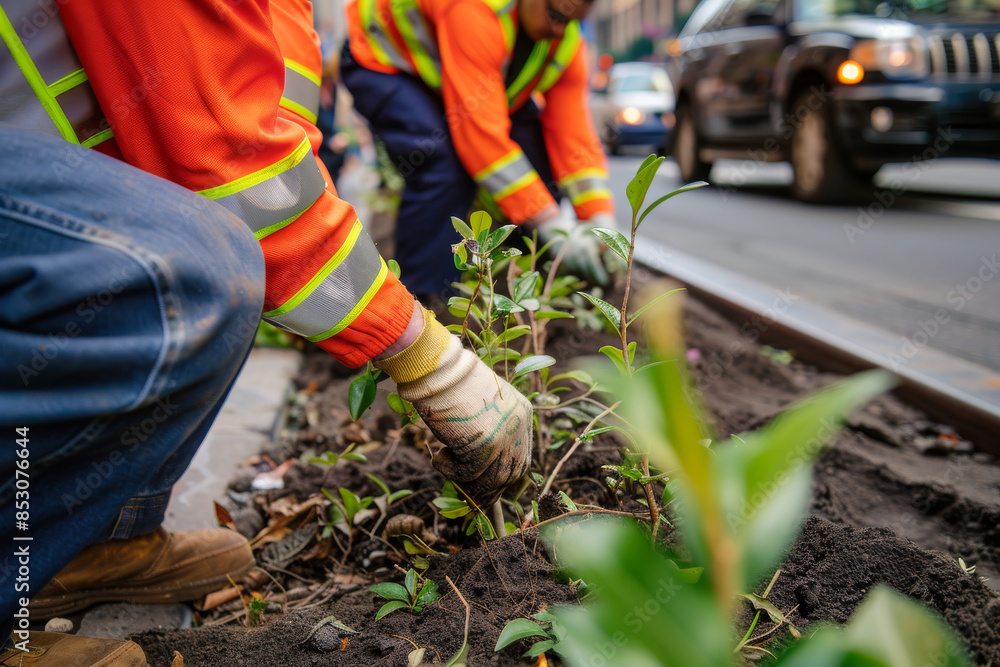 Fototapeta premium Workers in safety vests planting shrubs along a city street, demonstrating urban landscaping and community improvement efforts.