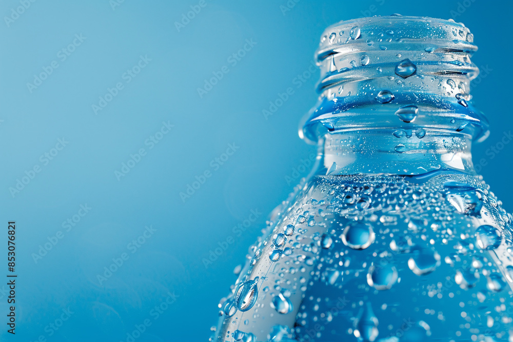 Close-up photo of drinking water bottle in advertising style. Droplets of water flow down the bottle Close-up photo of drinking water bottle in advertising style. Droplets of water flow down the bottle