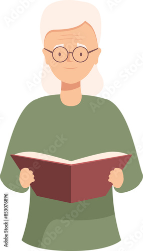 Elderly woman is holding an open book, absorbed in her reading