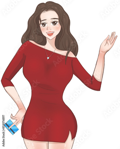 A brown hair woman in a red dress and wearing a diamond necklace holding a blue card