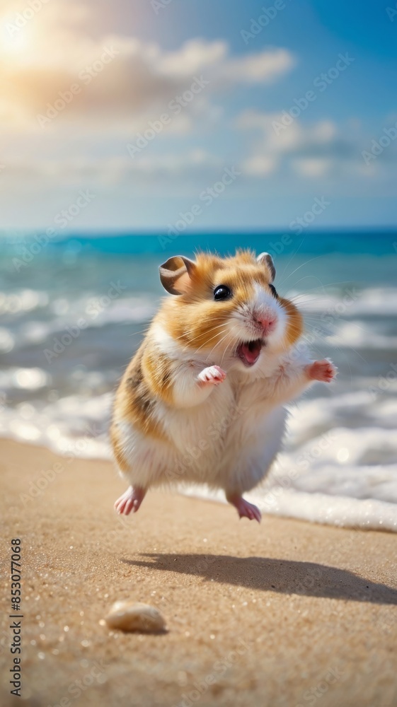 A funny hamster dances on the seashore. cute crazy hamster funny jumps in a dance for joy.