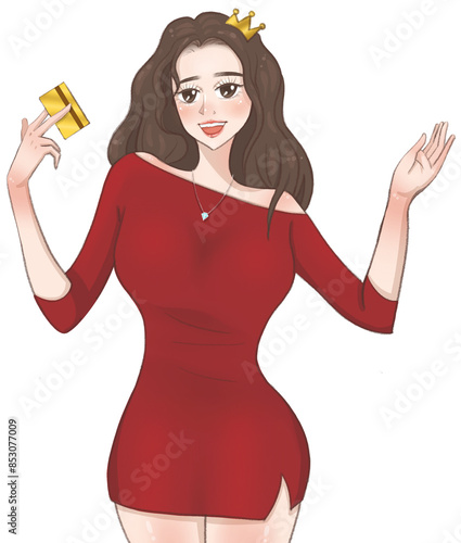 A brown hair woman in a red dress wearing a diamond holding a gold card