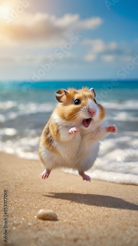 Obraz na płótnie A funny hamster dances on the seashore. cute crazy hamster funny jumps in a dance for joy. w salonie