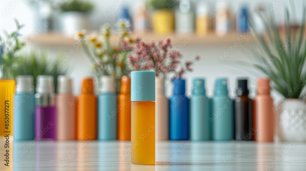 Wide-angle shot of a contemporary aromatherapy roll-on, minimalist design, vibrant essential oil bottles in the background, studio lighting, crisp white backdrop. Wide-angle shot of a contemporary aromatherapy roll-on, minimalist design, vibrant essential oil bottles in the background, studio lighting, crisp white backdrop.