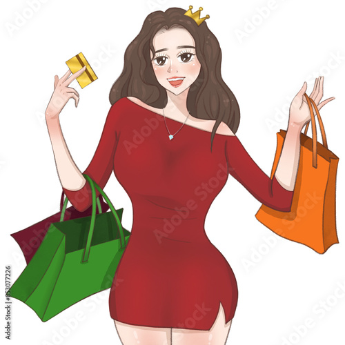 A brown hair woman in a red dress wearing a diamond necklace and crown holding a card and shopping bags