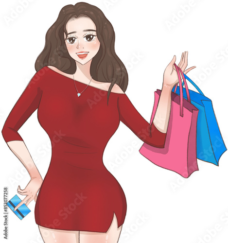 A brown hair woman in a red dress wearing a diamond necklace holding a card and shopping bags