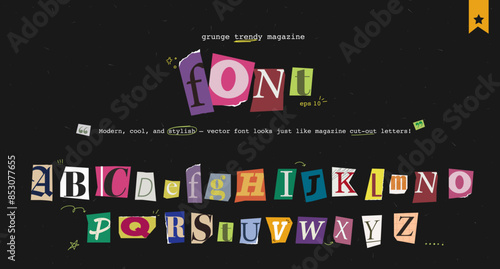 Set of magazine cutout alphabet font. Cut letter. Typography type from newspaper. Pop art clipping word. Vector crime grunge illustration with ripped and torn elements