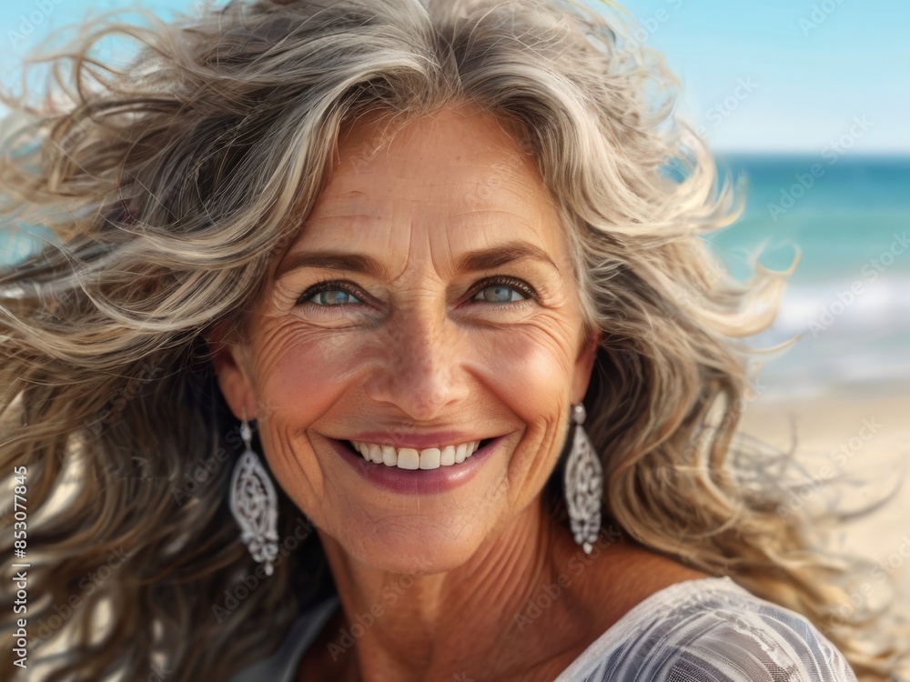 Well-groomed happy elderly blonde woman with long ash-colored hair on the seashore. Portrait of a 55 year old woman.
