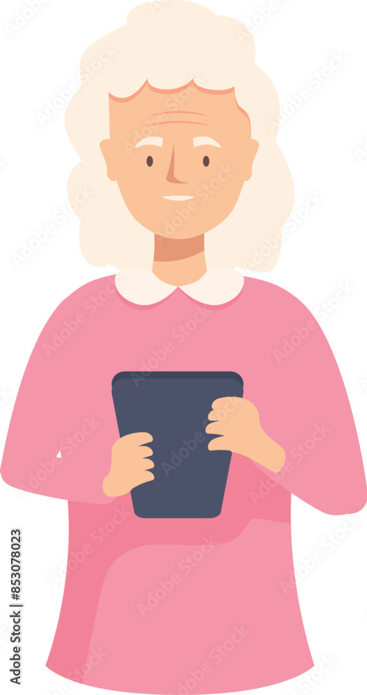 Elderly woman is holding and using a tablet, embracing modern technology