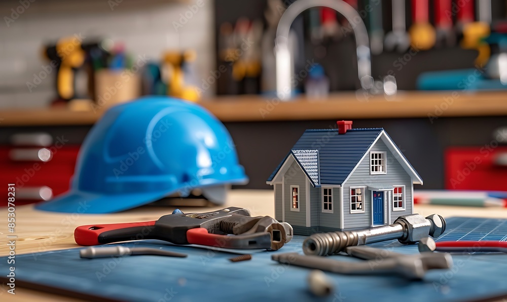 Plumbing Essentials Desk with Tools, Model House, Pipe Wrench, Faucet, and Blue Hat for Shop and Services Plumbing Essentials Desk with Tools, Model House, Pipe Wrench, Faucet, and Blue Hat for Shop and Services
