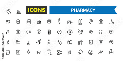 Pharmacy, medicine, healthcare thin line icons. Editable vector icon and illustration.