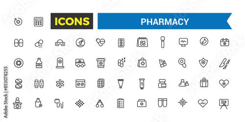 Pharmacy, medicine, healthcare thin line icons. Editable vector icon and illustration.