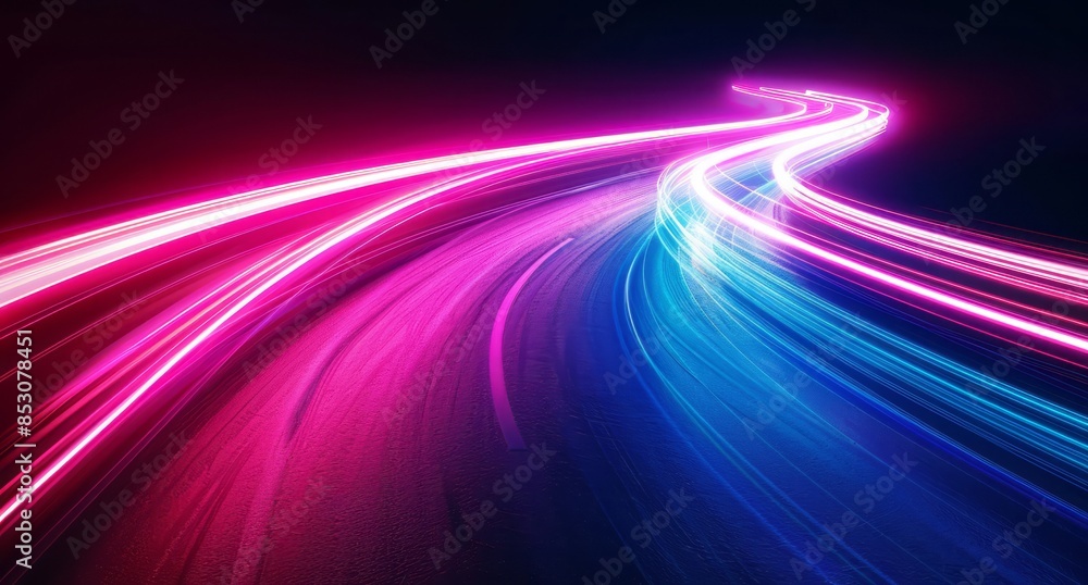 A glowing neon light trail on a dark background, with long exposure creating colorful streaks of pink and blue that form an abstract design evoking a feeling of speed or motion A glowing neon light trail on a dark background, with long exposure creating colorful streaks of pink and blue that form an abstract design evoking a feeling of speed or motion